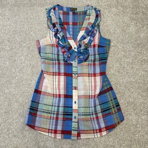 Fei Plaid Chiffon Ruffle V Neck Sleeveless Button Front Tunic Top Women Size 6‎